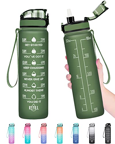 Enerbone Water Bottle, Leakproof BPA & Toxic Free, Motivational Water Bottle with Times to Drink and Straw, Fitness Sports Water Bottle with Strap for Office, Gym, Outdoor Sports - color: Hunter Green, size: 32 Ounces