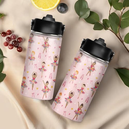 SANDJEST Kids Water Bottle Ballet Water Bottles 12oz with Straw Insulated Stainless Steel Travel School Tumbler Double Wall Vacuum Cup for Girls Kid - color: Ballerina