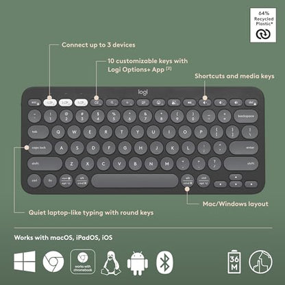Logitech Pebble Keys 2 K380s, Multi-Device Bluetooth Wireless Keyboard with Customizable Shortcuts, Slim and Portable, Easy-Switch for Windows, macOS, iPadOS, Android, Chrome OS - Tonal Graphite - color: Graphite