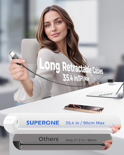 SUPERONE Retractable Wall Charger with USB C & Apple Fast Charging Cables | 78W GaN 4 Ports Charger, 90cm USB C & Apple Retractable Cables, for iPhone 17-12, iPad, Samsung,Google pixel 7-10 & More