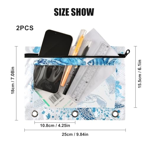 Kcldeci Pencil Pouch for 3 Ring Binder, Tropical Fish and Sea Turtle 2 Pack Binder Pencil Pouch with Clear Window Pencil Bags with Zipper Pencil Case for Binder - color: A05