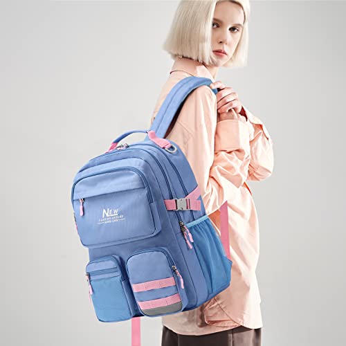 Water Resistant Backpack for Teen Girls Boys Students, Casual Multi Pockets Daypack with 15.6 inch Laptop pocket for Travel School College (Water Blue) - color: Water Blue With Embroidery