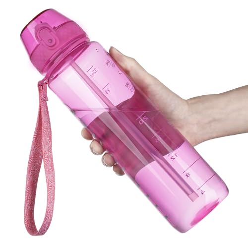 GOPPUS Clear Water Bottle With Straw 32oz Clear Sports Water Bottles Motivational with Time Marker Tritan BPA Free Clea Plastic Water Bottle Wide Mouth for Gym Travel Home School Office - color: Rose