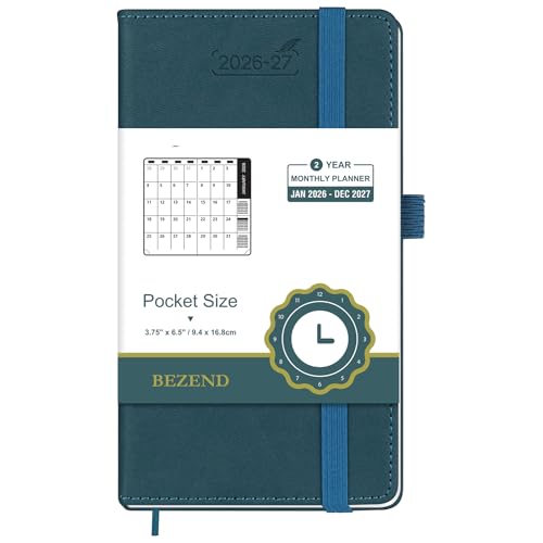 BEZEND Pocket Monthly Planner 2026-2027 (3.5" x 6.5") 2 Year Calendar Book for Purse with Note Pages, 100 GSM Paper, Inner Pocket, Pen Holder, Vegan Leather Hardcover in Dark Green - color: Dark Green, size: Pocket 3.5" x 6.5"