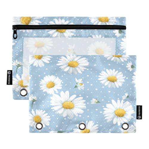 2 Pack Pencil Pouches for 3 Ring Binder Daisy Blue Zipper Pencil Case Bags with Clear Window for Classroom School Office Supplies - color: Daisy