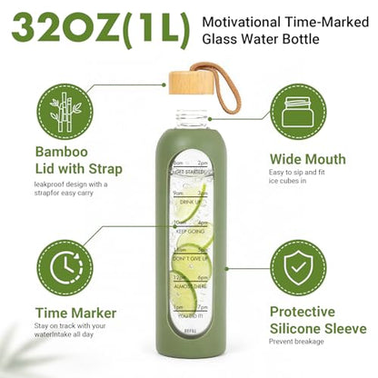 32 OZ Glass Water Bottles, Borosilicate Glass Bottle with Time Marker, 1 Liter Leak Proof Reusable BPA Free Motivational Water Bottles with Silicone Sleeve and Bamboo Lid (Green) - color: Green