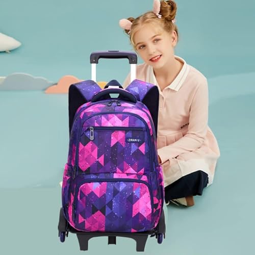 Geometric Rolling Backpack for Girls Kids Backpack with Wheels Roller School Bag Wheeled Bookbag - color: Purple, size: Small