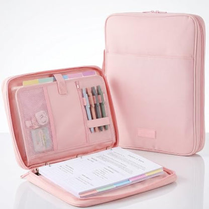 Sturdy 3 Ring Zipper Binder with Strap for School - Beautiful 1 Inch Zip Up Binder with 5-Tab Dividers Holds 420 Sheets, Books & Laptop - Easy to Carry Trapper Keeper Made of Premium Fabrics - color: Pink