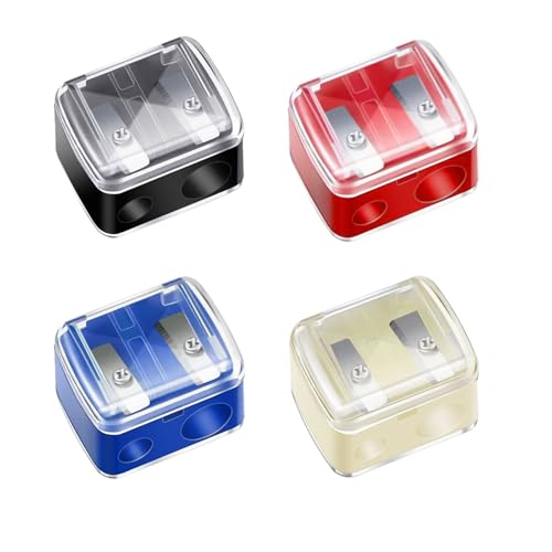 Makeup Pencil Sharpener, 4 Pack Dual Hole Cosmetic Pencil Sharpener for Lip Liner Eyeliner and Brow Pencils, Cosmetic Manual Tools for Women and Makeup Artists,Stainless Steel Blades and Plastic Cover - color: ‎black, Red, White, Blue