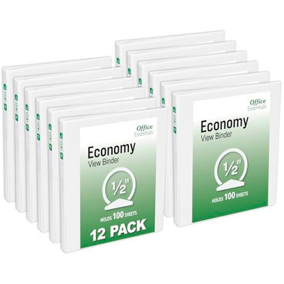 Office Essentials Economy View 3 Ring Binders, 0.5" Round Rings, 0.7" Spine, 100-Sheet Capacity, White Binders (12-Pack of 03422) - size: 0.5"
