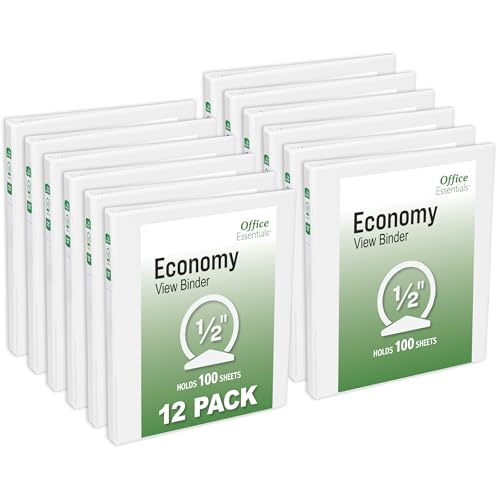 Office Essentials Economy View 3 Ring Binders, 0.5" Round Rings, 0.7" Spine, 100-Sheet Capacity, White Binders (12-Pack of 03422) - size: 0.5"