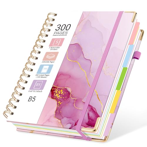 Hardcover Spiral Journal Notebook, 300 Pages 5 Subject Notebook College Ruled with Removable Dividers Tabs, 8" x 10" Notebooks for Work, Spiral Ruled Lined Writing Journal Hardcover Leather Notebook for School (Purple marble, 8''x 10'') - color: Purple ma