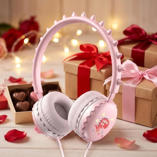 Kids Dinosaur Wired Headphones with Noise Cancelling Pink | Safe 85/94dB Volume Limit, HD Microphone for School, Soft Ear Cups, Pink Headphones for Toddlers & Teens - color: Dinosaur Pink