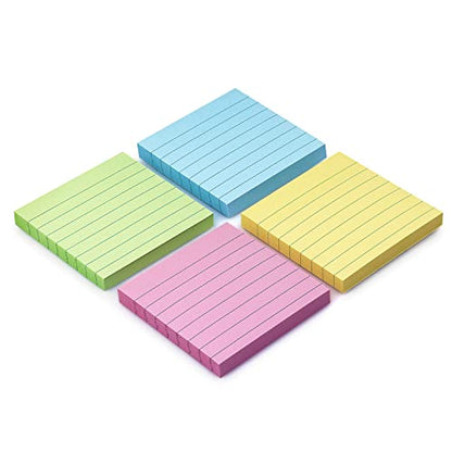 Lined Sticky Notes 3x3in, Self-Adhesive, 4 Pads, 90 Sheets/Pad, Pastel | Strong Self-Stick Adhesive, Sticks Securely and Peels Cleanly - color: Pastel