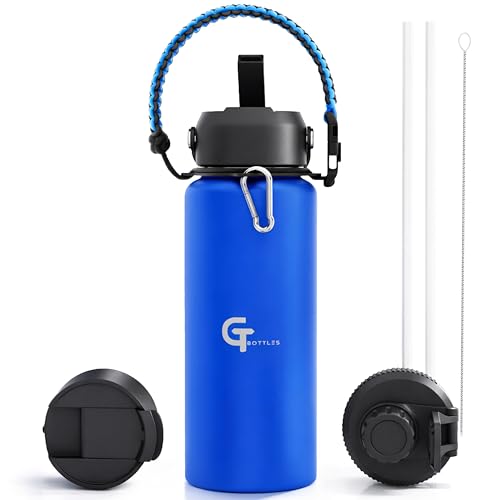 32oz Insulated Stainless Steel Water Bottle with 3 Lids & Paracord Handle – Leakproof Wide Mouth Metal Sports Bottle for Gym, School & Travel (Dark Blue, 32oz) - color: Dark Blue, size: 32oz