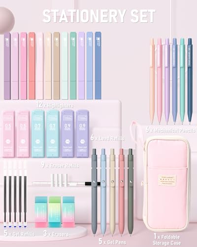 Four Candies School Supplies with Cute Pen Case, 39ct, Pink | Back to School Stationery Set, Essentials for College & Nursing Students, 5 Gel Pens, 6 Mechanical Pencils, 12 Highlighters - color: Pink, size: 39 Count (Pack of 1)
