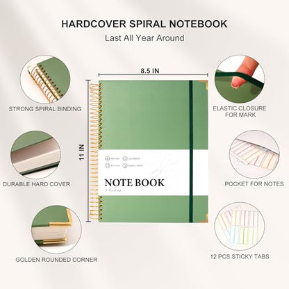 Large Spiral Notebook College Ruled with Tab Stickers A4 Notebooks for School Supplies Hardcover Spiral Notebook 8.5 x 11 Journal Note Book for Work Note Taking Women Men Writing, 220 Pages, Green | College Ruled, A4 Notebooks for School Supplies Journal
