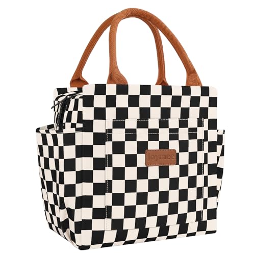 Joymee Lunch Bag Women, Reusable Leakproof Cooler Tote - Checker Black | Spacious Storage, Bottle Holder & Pockets, Leakproof Insulated, for Work, Travel, Picnic, Daily Use, for Adult - color: 04 Checker Black
