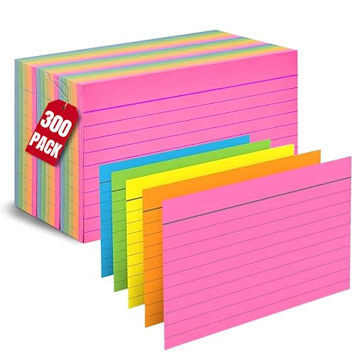 1InTheOffice Ruled Neon Index Cards 3x5, Ruled Index Cards, Assorted Neon Color, 300 Pack