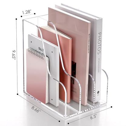 SANRUI Acrylic File Organizer, Compact Desk Organizer for Folders, Binders, Notebooks, Envelopes, Clear Magazine File Holder, 3 Section Bookshelf for School Home Office Organization, A4 Size - size: A4,3 Sections