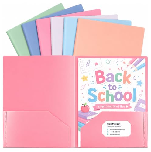 6 Pack Plastic Folders with Pockets, Heavy Duty 2 Pocket Poly File Folders, Letter Size Folders No Prongs, Blue Assorted Colors for School, Office, Business and Home