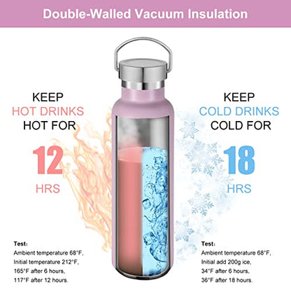 Neihepal Pink Stainless Steel Water Bottles,20 Ounce Vacuum Insulated Double Wall Travel Bottle with Leak Proof Lid of Handle,Metal Reusable Standard Mouth Flask Thermoses for School,Hikers,Gift - color: Pink