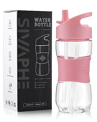 Sivaphe Clear Kids Water Bottle with Straw Cap 12 oz, Portable Leak-Proof Tritan Small Beverage Bottle, Transparent Sports Drinking Bottle for School Girls Lightweight Pink - color: Pink-1 PACK, size: 11.8 Ounces