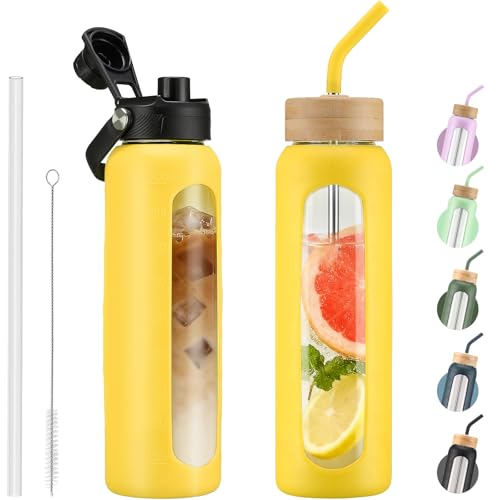 Kodrine 32 oz Glass Water Bottle with Straw & Spout Lids, Motivational Time Marker, Borosilicate Glass Bottle with Silicone Sleeve, Leakproof, Wide Mouth, BPA-Free for Gym, Fitness & Travel-Yellow - color: Yellow, size: 32 Ounces