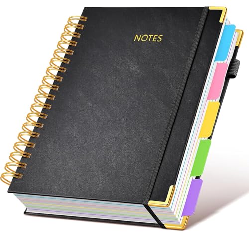 JUNART B5 Hardcover Spiral Notebook Journal with 5 Removable Subject Divider Tabs, 9"x10" Large 300 Pages College Ruled Notebook,180° Flat Lay,100 GSM Thick Paper for Office, Home & School(black) - color: black