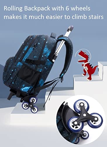 3Pcs Boys Galaxy Rolling Backpack Kids Backpack with Wheels Trolley Bookbag Wheeled School Bag with Lunch Bag - color: Large 6wheels-3pcs Black Blue-starry Sky, size: Large 3-Piece Set