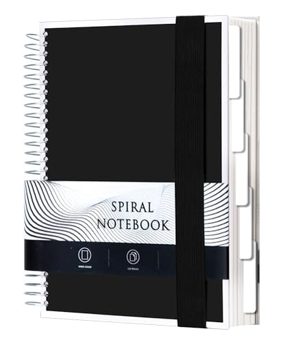 Yoment 5 Subject Notebook College Ruled, 300 Pages Spiral Notebook with Removable Divider Tabs，Hardcover 8 x 10 Inches College Ruled Journal 1 Inner Pocket for School College Work Office Home,Black - color: Black