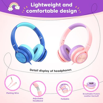 Kids Headphones with 3.5mm & USB C Headphones Kids for School, Over-Ear for Boys Girls, Foldable Headphone Built-in Mic, Safe Volume for iPad/Travel/Tablets/Classroom, Back to School gift(Pink) - color: Pink