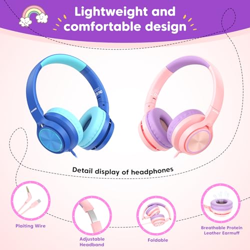 Kids Headphones with 3.5mm & USB C Headphones Kids for School, Over-Ear for Boys Girls, Foldable Headphone Built-in Mic, Safe Volume for iPad/Travel/Tablets/Classroom, Back to School gift(Pink) - color: Pink