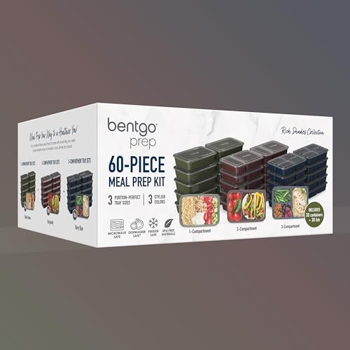 Bentgo Prep 60-Piece Meal Prep Kit - Reusable PFAS & BPA-Free Food Containers, 1-Compartment, 2-Compartment, & 3-Compartments - Microwave, Freezer, & Dishwasher Safe (Rich Shades) - color: Rich Shades
