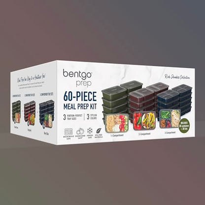 Bentgo Prep 60-Piece Meal Prep Kit - Reusable PFAS & BPA-Free Food Containers, 1-Compartment, 2-Compartment, & 3-Compartments - Microwave, Freezer, & Dishwasher Safe (Rich Shades) - color: Rich Shades