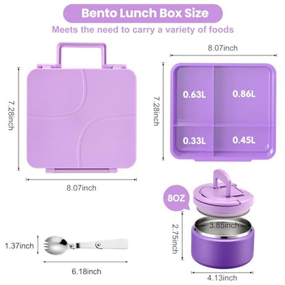 Bento Lunch Box for Kids with 8oz Soup Thermo,Kids Leakproof Lunch Food Containers with 4 Compartment,Kid Insulated Thermo Hot Food Jar for School,Trvael-Purple - color: Purple