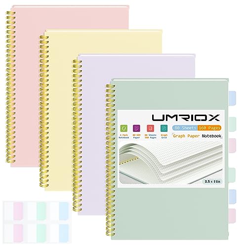 Umriox 4 Pack Graph Paper Notebook, 8.5" x 11" Spiral Notebook with Free Sticky Notes, 5 x 5mm Grid Paper 160 Pages, Large Journal for School, Work - size: 8.5 x 11 in, style: Squared