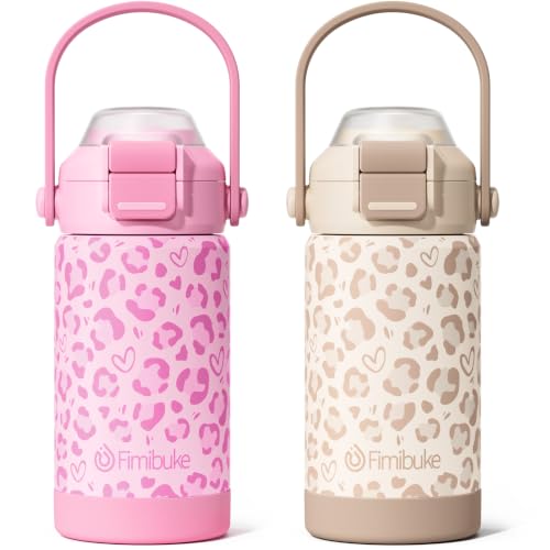 Fimibuke 14oz Kids Insulated Water Bottle with 2-in-1 Straw & Spout Lid | Leak Proof 18/8 Stainless Steel Vacuum Tumbler with Pop-Open Lid, BPA-Free Kids Cup for Travel School Girl Boy Toddler 2 Pack - color: Pink & Beige Leopard, size: 14 Ounces