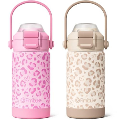 Fimibuke 14oz Kids Insulated Water Bottle with 2-in-1 Straw & Spout Lid | Leak Proof 18/8 Stainless Steel Vacuum Tumbler with Pop-Open Lid, BPA-Free Kids Cup for Travel School Girl Boy Toddler 2 Pack - color: Pink & Beige Leopard, size: 14 Ounces