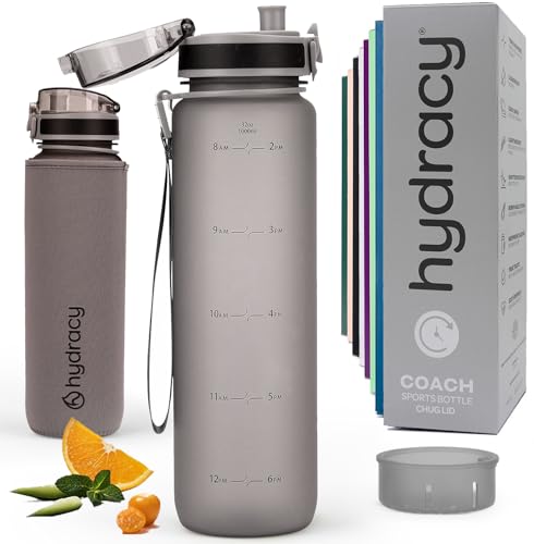 Hydracy Water Bottle with Time Marker & Fruit Infuser - BPA Free - 32 oz | Leak Proof Gym Bottle with times to drink and no sweat Sleeve - Ideal for Fitness Sports & Outdoors - color: Silver Grey, size: 32 Ounces