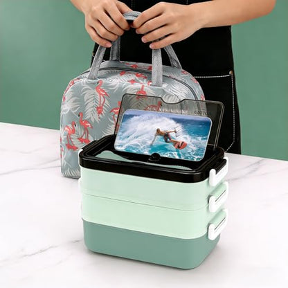 3-Tier Lunch Box for Women, Adult Lunch Box with Insulated Lunch Bag | 60 fl oz Large Capacity Bento Box with BPA-Free Utensils & Sauce Container, Leakproof, Microwave Safe for Work & Meal Prep - color: Green(3-Tiers)