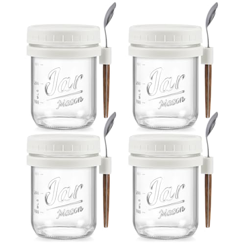 LANDNEOO 4 Pack Overnight Oats Containers with Lids and Spoons, 16 oz Glass Mason Jars with Airtight Lids, Overnight Oats Jars for Milk, Cereal, Fruit-White - color: White