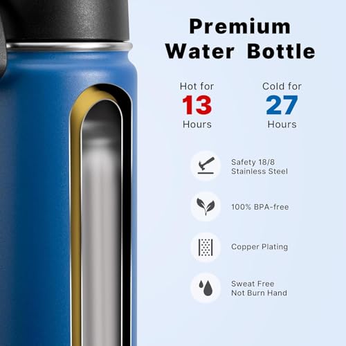 koodee Water Bottle with Straw 16 oz Stainless Steel Double Wall Vacuum Insulated Water Bottle BPA Free, Boys Water Bottle for School (Navy) - color: navy-A, size: 16 Ounces
