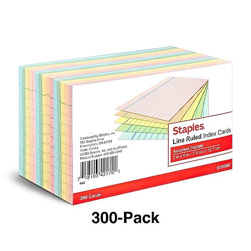 Staples Ruled 3 X 5 Index Cards, Assorted Pastel, 300/Pack