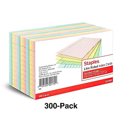 Staples Ruled 3 X 5 Index Cards, Assorted Pastel, 300/Pack