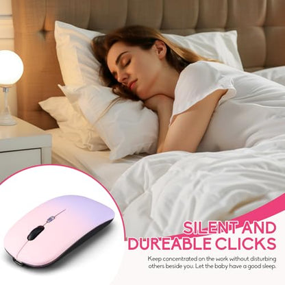 LED Wireless Mouse, Slim Silent Dual-Mode 2.4G+BT Rechargable 7-Color Portable Mobile Optical Office Mouse with USB Receiver, 3 Adjustable Levels for Notebook,PC,Computer, MacBook-Gradient pink purple - color: Gradient pink purple
