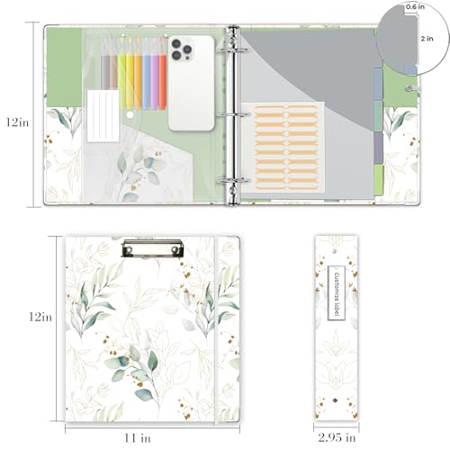 3 Ring Binder 2 Inch, Three Ring Binders Organizer with Clipboard, 5-Tabs Pockets Dividers, Plastic Folder, 18 Divider Stikers, KLLVE Cute Binder with Pen Loop (Leaves, Letter Size) - color: Leaves, size: 2in（Letter Size）