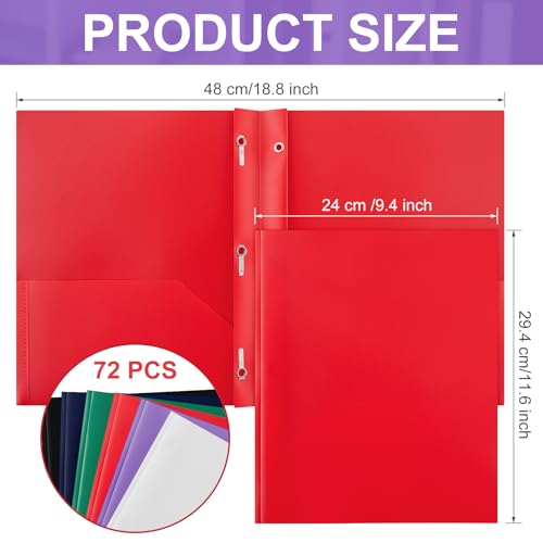 Cholemy 72 Packs Pocket Folders with Prongs Heavy Duty Plastic Folder with Business Card Slot 3 Prong Fasteners for School Office (Dark) - color: Dark