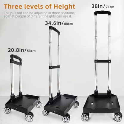 Backpack Trolley Wheeled Cart, Foldable Aluminium Alloy Hand Truck with Edge Guard Base, 4 Spinner Wheels, Luggage Cart with Luggage Strap for Teenagers, Adults, School,Luggage Trolley for Travel - size: 4 Wheels with Edge Guard Base
