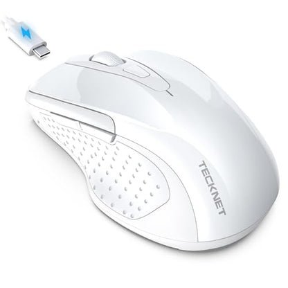TECKNET Rechargeable Jiggler Wireless Mouse (BT5.0/3.0 & 2.4G) 4800 DPI Silent USB A & Bluetooth Mouse 6 Buttons, Wide Compatibility - White - color: White